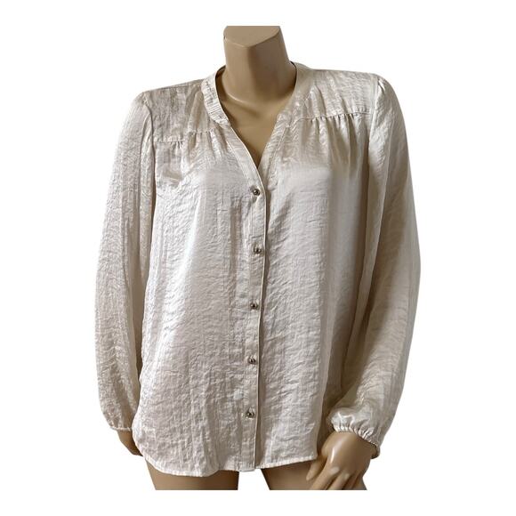 ELLEN TRACY Womens Size Large Cream Long Sleeve Button Up Crinkle Shirt Top - Picture 1 of 7